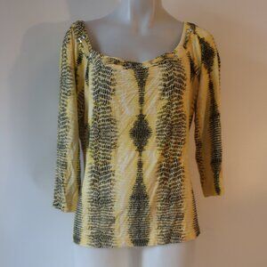 Womens St. John Soca Yellow Black White Graphic Print Top L *